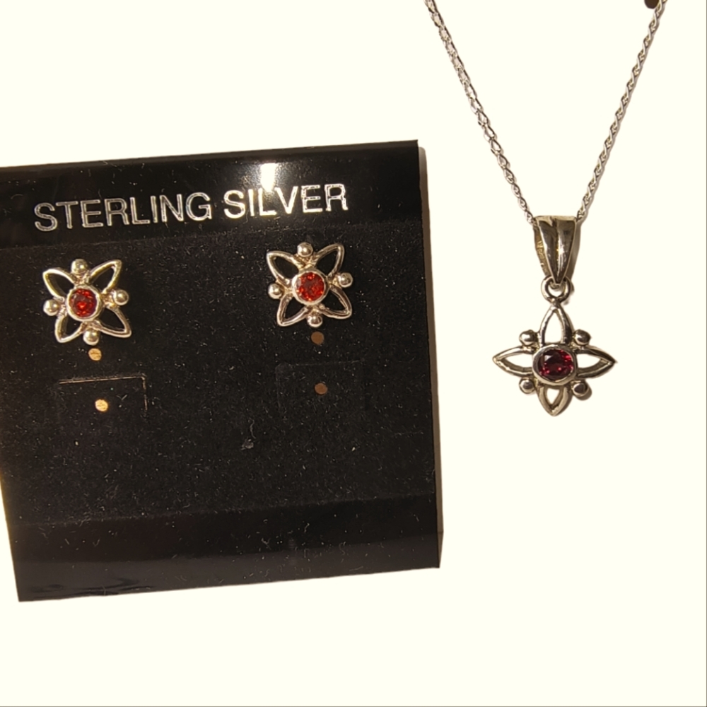 Natural Garnet & Sterling Silver Dainty Necklace and Earrings Set